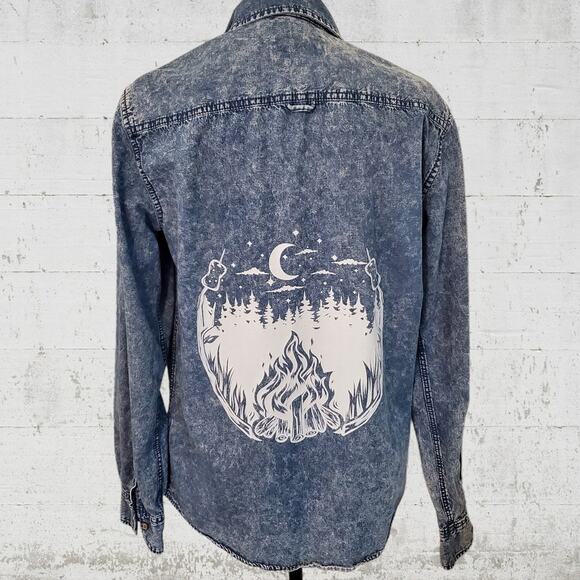 Custom Denim Button-Down Camping Shirt - Acid Washed Button-Up - Medium - Picture 1 of 7